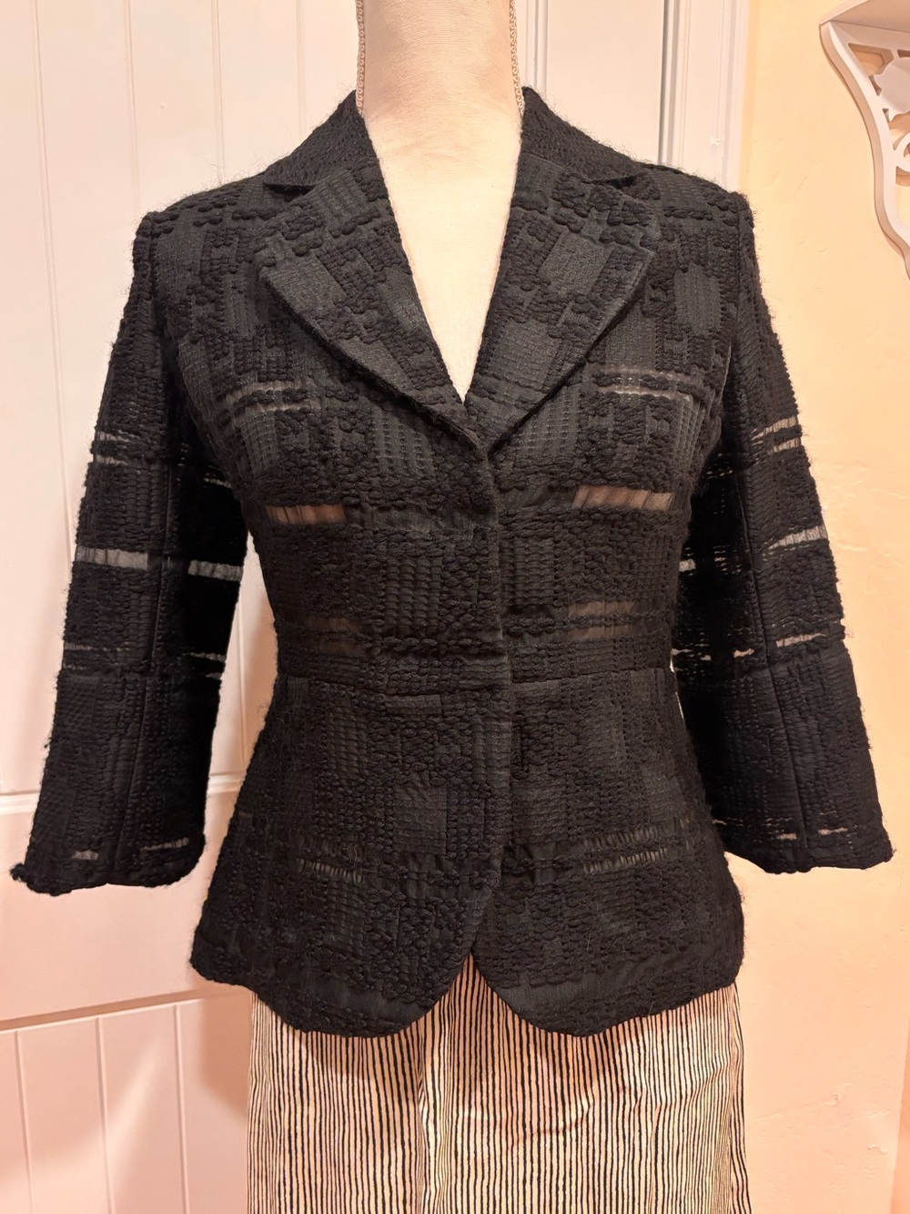 Bryan Bradley Black Wool Silk Blazer Openwork Sheer Statement Jacket Size S